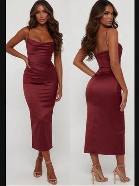 HOUSE OF CB 'Anja' Wine Satin Corset Midi Dress /SmallUS 4-6/$269